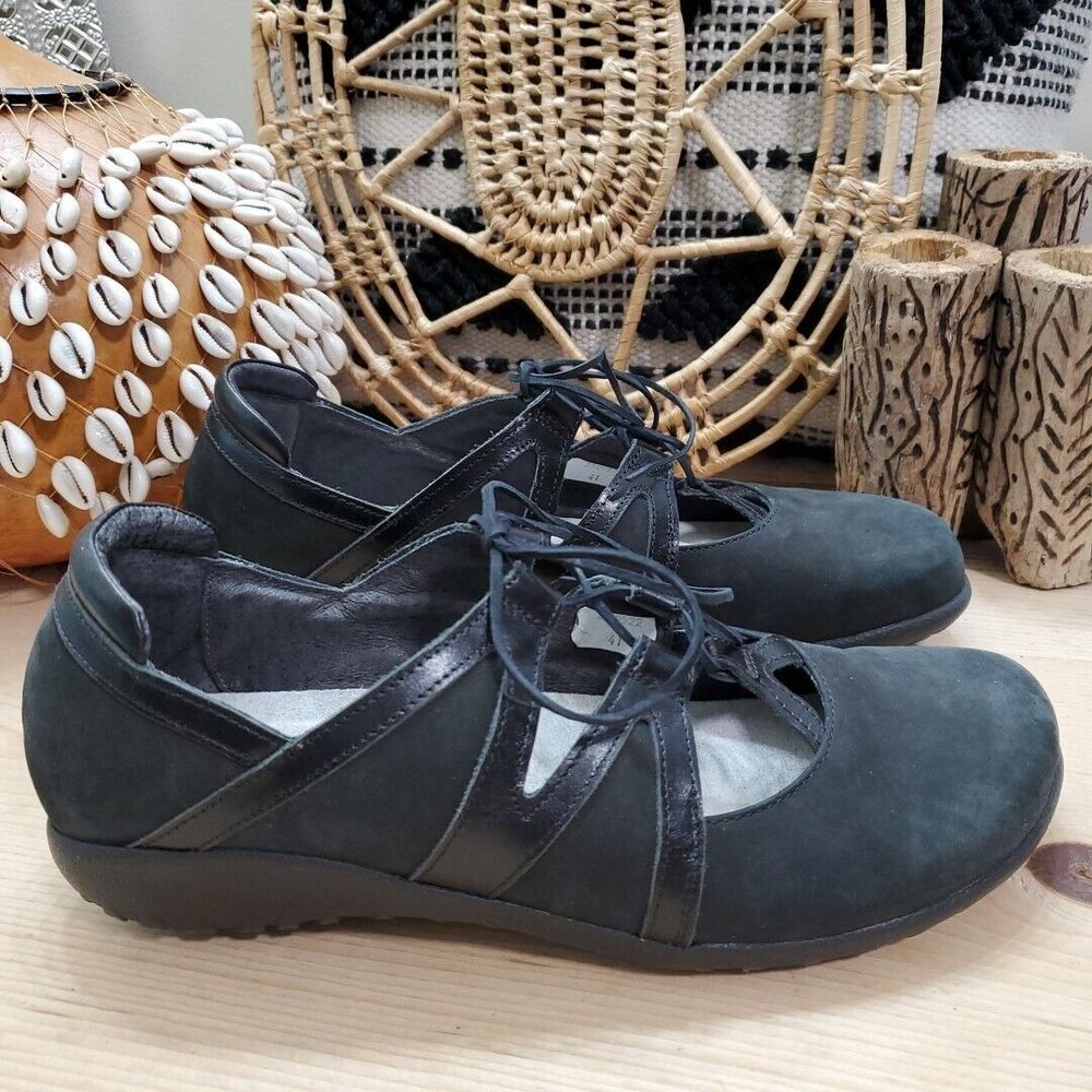 Naot Koru Timu Mary Jane Shoes Flats Suede Laces Black Anatomic Womens 10/41